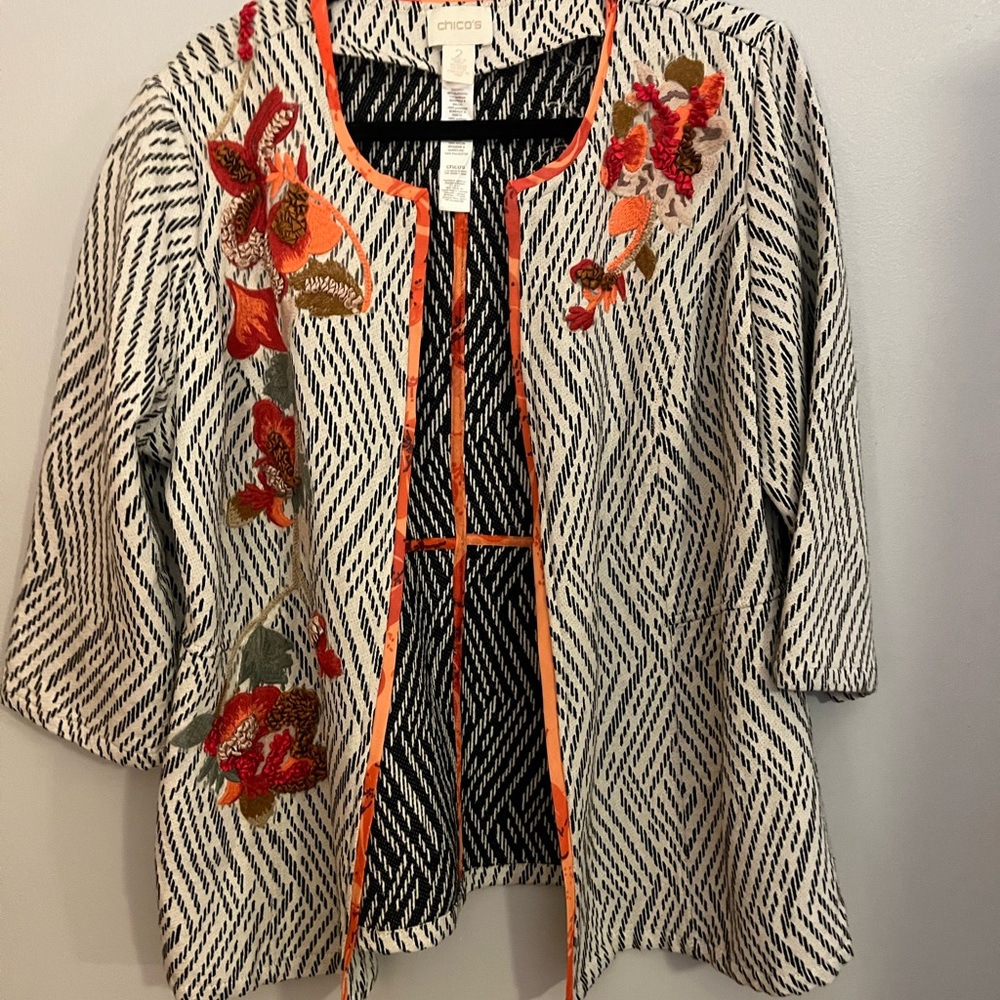 Chico's Black and White Blazer with Orange Accents
